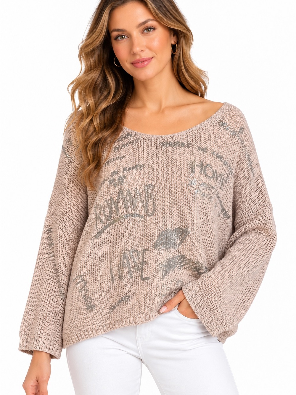 Made in Italy Womens Pink Metallic Graphic Open Knit Oversized Sweater Modal